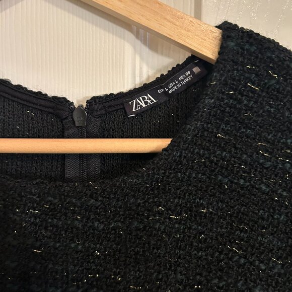 Zara Black Shiny Metallic Thread Midi Dress Ruched Waist Short Sleeve SZ L - Picture 5 of 6